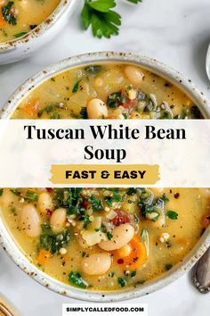 two bowls filled with white bean soup on top of a table