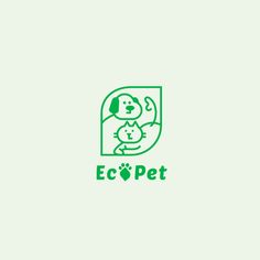 an eco pet logo with a dog and cat inside the letter e, on a light green background