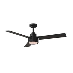 a black ceiling fan with a light on it's side and two blades in the middle