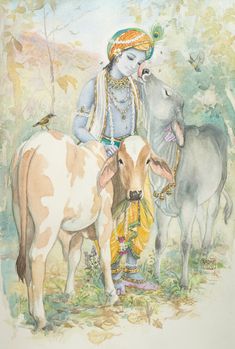 a painting of a woman standing next to two cows