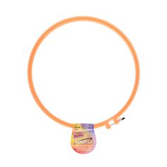 an orange neon colored bracelet with a black hook on the end and a white background