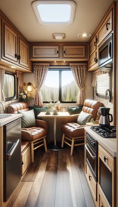 the interior of an rv with wood flooring and cabinets, including a kitchen area