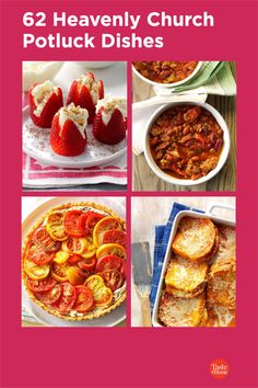 the cover of 52 heavenly church potluck dishes, with pictures of different foods