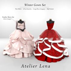 two dresses are shown on display in front of a white background with the words winter gown set