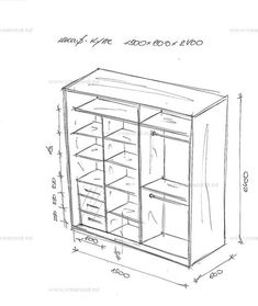 a drawing of an armoire with drawers and shelves in it, drawn by hand