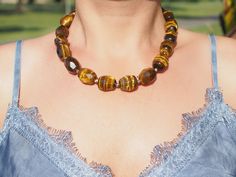 tiger's eye big bold women necklace, unusual healing beaded chunky necklace, gemstone statement bib necklace, gift her, tiger's eye jewelry Bold Women, Chunky Necklaces, Tiger Eye Jewelry, Tigers Eye Necklace, Tiger Eye Beads