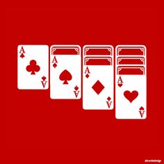 four playing cards with hearts, spades and diamonds on each card are shown in white against a red background