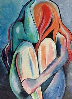 a painting of two people hugging each other with their arms around one another, and the background is blue