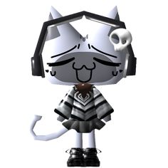 a cartoon cat with headphones and a black and white striped dress, is standing in front of a white background