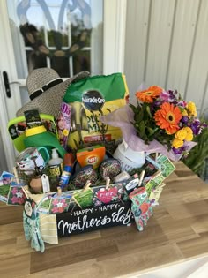 a mothers day gift basket sitting on top of a table