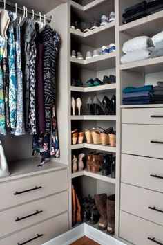 the closet is full of shoes, pants and other things to put in it's drawers