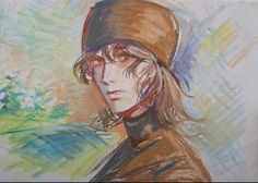 a drawing of a person with a hat and coat on, in colored pencils