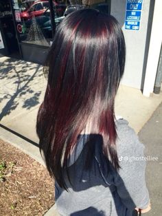 Dark Red Hair Streaks, Black Hair With Maroon Highlights, Wine Red Highlights On Black Hair, Cherry Red Highlights In Black Hair, Blackberry Highlights, Red Streak In Brown Hair, Burgundy Highlights On Black Hair, Black Hair With Burgundy Highlights, Dark Hair Red Highlights