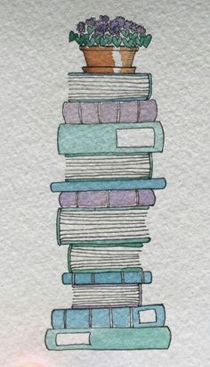 a drawing of a stack of books with a potted plant on top of it