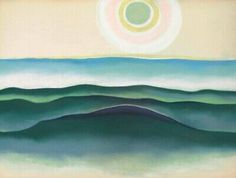 an abstract painting with blue, green and white waves in the ocean under a yellow sun