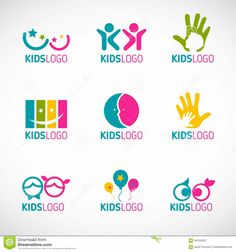 kids logo set with hand and balloons