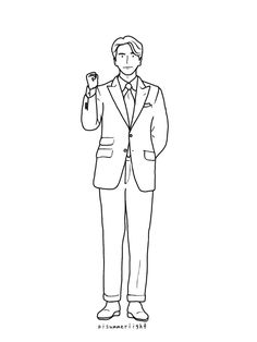 a black and white drawing of a man in a suit