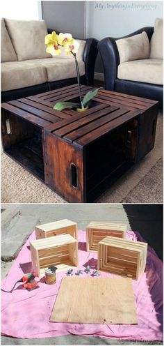 a coffee table made out of pallet wood and some sort of box sitting on top of it