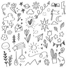 an image of hand drawn doodles on white paper with black ink, including arrows and stars