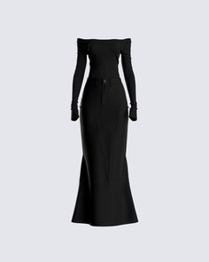 Text "OMW" and mean it, because choosing the perfect fit was just THAT easy 😉 Be sleek, classy, and put together for any occasion with this black off-the-shoulder top and maxi skirt set 🤌🏼 Fancy Black Outfit, Cute Outfits Polyvore, Black Off Shoulder Top, Maxi Skirt Set, The Baddest, Welcome To The Future, Black Off Shoulder, Future Outfit