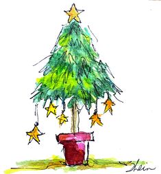 a drawing of a christmas tree in a pot with stars on the top and bottom