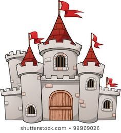 an image of a castle with red flags on it's roof and the door open