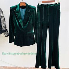 Premium Quality 2PCS Ladies Suit Dark Green Velvet Suit Ladies Business Party Suit Coat Pants, women's Coats Jackets Blue Velvet Suit, Green Velvet Blazer, Purple Blazer, Bronze Green, Suit Vintage, Fall Pants, Velvet Suit, Velvet Trousers, Black Slacks