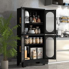 an open cabinet in the middle of a kitchen with spices and condiments on it