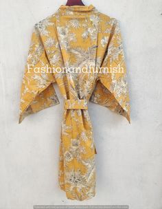 ITEM DESCRIPTION: These Cotton Floral Print Robes are luxurious and sweet, and will make you and your bridesmaids feel like you're blossoming flowers ! These robes are perfect for bridesmaids gifts, birthday gifts, and perfect gifts for girls who are in college. A beautiful lightweight cotton kimono-style hand-printed dressing gown. The gown is 100 cms length and 120 cms wide / bust approx. Features two front pockets, belt and loops. This soft cotton fabric is from India. Fabric has soft touch. Cotton Dressing Gown, Fabric Screen, Kimono Dressing Gown, Women Cotton Dress, India Fabric, Bath Dress, Kimono Floral, Kimono Design, Printed Robe