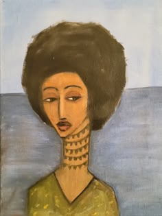 a painting of a woman with an afro in front of the ocean and blue sky