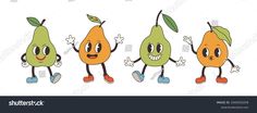 three pears with different expressions and faces