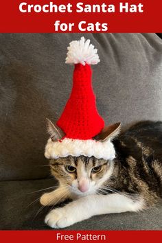 a cat wearing a red knitted santa hat for cats on a couch with text overlay that reads, crochet santa hat for cats free pattern