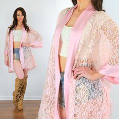 Victorias Secret pink lace robe with satin trim.  This is a kimono style robe.  Womens size One Size Gold label; made in Hong Kong.   Great vintage condition; no snags, stains or holes.   Does NOT have the belt. Suggestion could be silk ribbon belt in a blending pink.  Measurements Measurements are of the actual garment; you must measure smaller to fit  Bust 56 Waist 56 Hip 56 Shoulders draped Shoulder to hemline 32 SHIPPING: Once your order is processed you can expect your package to ship the n Mode Kimono, Ribbon Belt, Kimono Style, Gold Labels, Womens Robes, Kimono Fashion, Silk Ribbon, Pink Lace, Victoria's Secret Pink