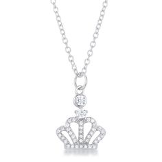 This rhodium-plated pendant features a beautiful pave cz crown which is fused by two bezeled levels of czs. It also comes with a rhodium-plated 16 necklace with a 2 extender. Royal Diamond, Clear Crystal Necklace, Crown Pendant, Princess Necklace, Crown Necklace, Diamond Crown, Pave Pendant, Silver Crown, Crystal Crown