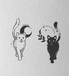 two black and white drawings of cats on paper