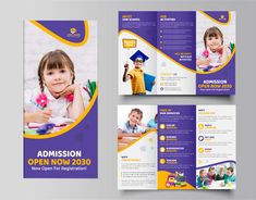 a purple and yellow brochure with two children in the back, one child on the