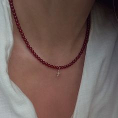 Deep red agate bead necklace, featuring a removable dainty star fish charm in 14k gold filled.  You can wear the necklace with the charm or remove it when you fancy a minimalist look, why not add it to one of your existing gold filled chains or bracelets, a very versatile purchase!  The red will appear a deeper tone in low light and a brighter true red in bright light. Agate is said to carry many powers, some believe this stone's spiritual energy encourages individuals to recognise their own wor Red Beaded Agate Necklaces, Red Agate Beaded Necklaces, Red Agate Stone Necklace, Handmade Red Agate Necklace, Vintage Red Agate Necklace, Red Agate Necklace, Red Beaded Necklaces, True Red, Red Agate