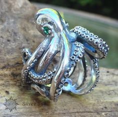 Sterling Silver Octopus Ring Eyes Green Emeralds Zambia Jewelry Design Silver Sun Style Handmade Mad Jewelry Design Silver, Afro Jewelry, Silver Eyes, Octopus Jewelry, Octopus Ring, Pirate Jewelry, Sun Ring, Bali Silver, Design Silver