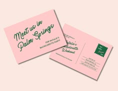 Set the tone for the bachelorette weekend with our fun post card invitation template! Fun pink and green details make this template the perfect way to kick off a bachelorette weekend anywhere from Palm Springs to Miami to Palm Beach. This template includes a front and 2 options for the back, depending on how much info you want to include! You'll receive instant access to edit, save, share digitally, and print. Easily edit the text, colors, fonts, and graphics. There's no expiration on this templ Palm Spring Party Theme, Palm Springs Invitation, Pink And Green Bachelorette Party, Preppy Bachelorette Party, Bachelorette Palm Springs, Palm Springs Wedding Invitations, Palm Springs Party, Pink Bachelorette Party, Palm Springs Bachelorette