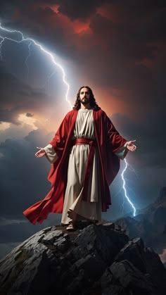 jesus standing on top of a rock with lightning in the background