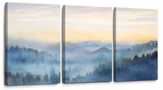 three canvases with trees and mountains in the background