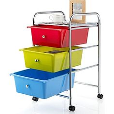 four bins stacked on top of each other in a metal cart with wheels and handles