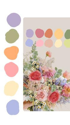 a bouquet of flowers is surrounded by color swatches and colors that appear to be pastel