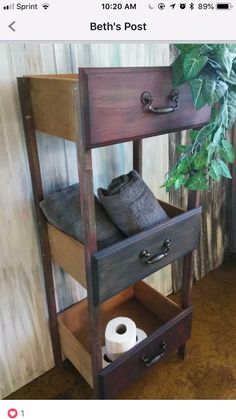 a wooden shelf holding two rolls of toilet paper and a potted plant on top of it