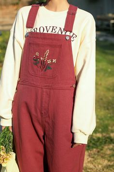 Wildflower Embroidered Overalls (Berry) Overalls With Sleeves, Red Overall Shorts, Layered Overalls Outfit, Cottage Core Overalls Outfit, Overalls And Hoodie, Colored Overalls Outfit, Cute Nonbinary Outfits, Colourful Fashion Aesthetic, Overalls With Patches