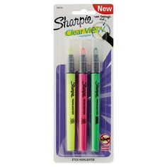 three neon colored markers are in the package with two pens on each side and one marker is