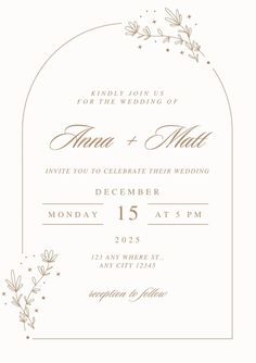 the wedding card is shown in gold and white, with an arch - shaped design