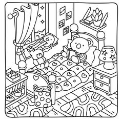 a black and white drawing of a bed with teddy bears