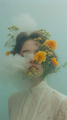 a woman with flowers in her hair is surrounded by clouds and daisies as she stares into the distance