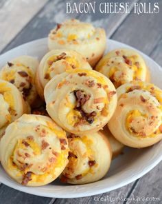 bacon cheese rolls in a white bowl on a wooden table with the title above it